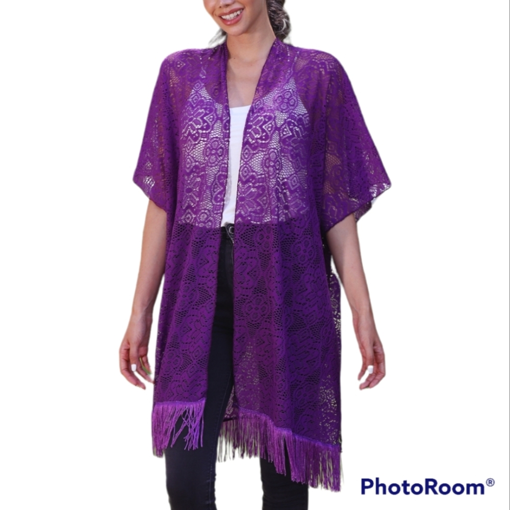 Purple Lace Long Duster Cardigan Top, Swimsuit Cover Up. M - XXL OS
